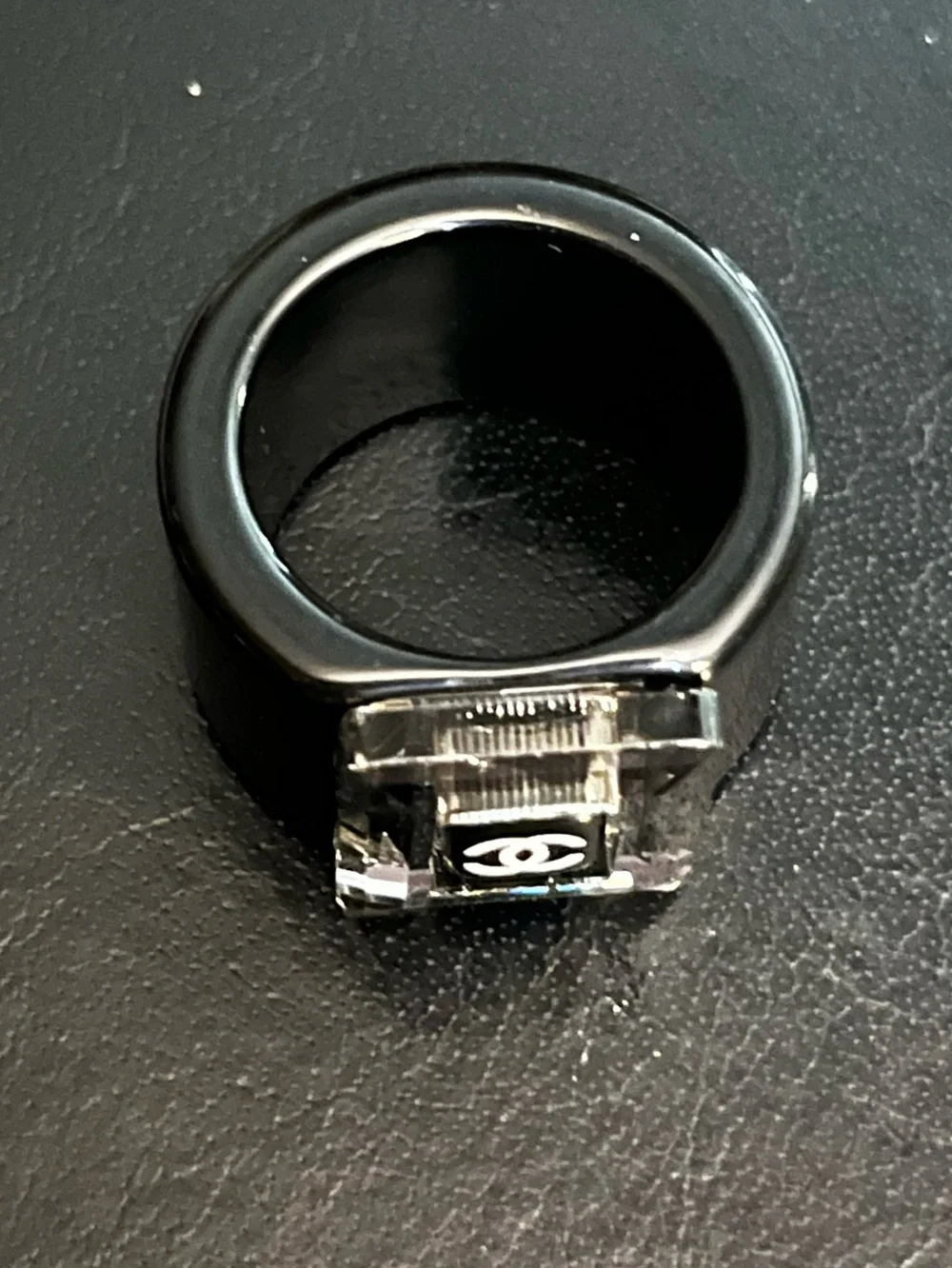 ChaneI Black Acrylic Bold Chunky Center Letter Logo Ring